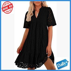 Loose Fit Mini Dress with Hollow Out Lace, V-Neck, Short Sleeve, Pull On